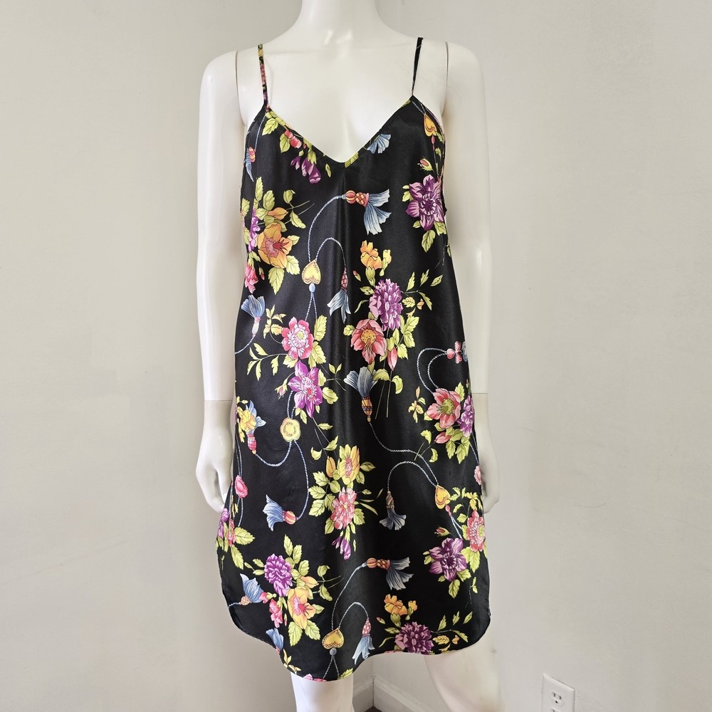 Dentelle Vintage Black Floral Satin Slip Dress Nightgown Lingerie Size L 90s Y2K